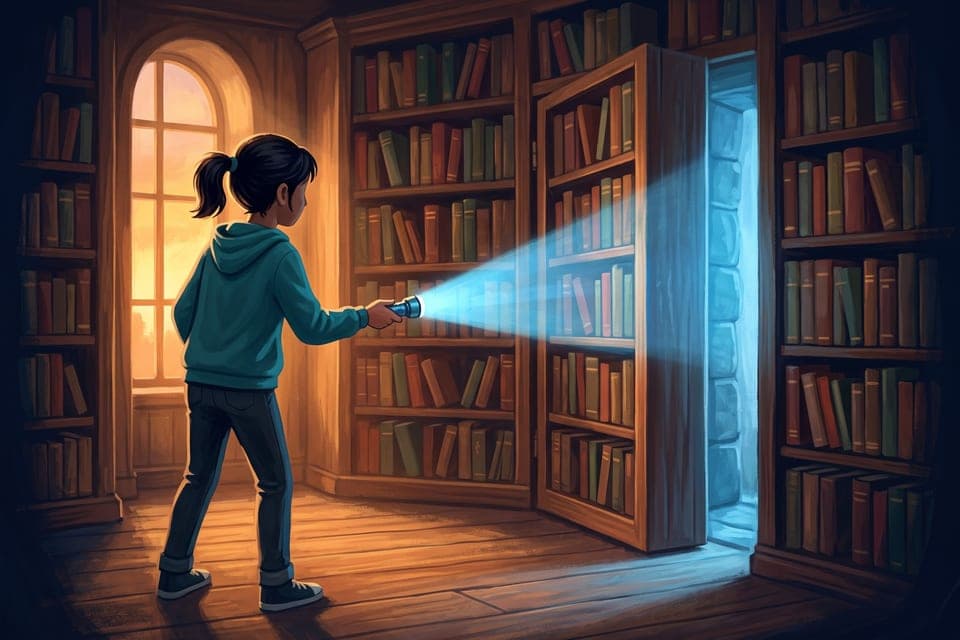 Una ragazza detective in felpa punta la torcia su una libreria della vecchia biblioteca: si è aperta come una porta segreta e dietro c’è un passaggio di pietra illuminato d’azzurro.