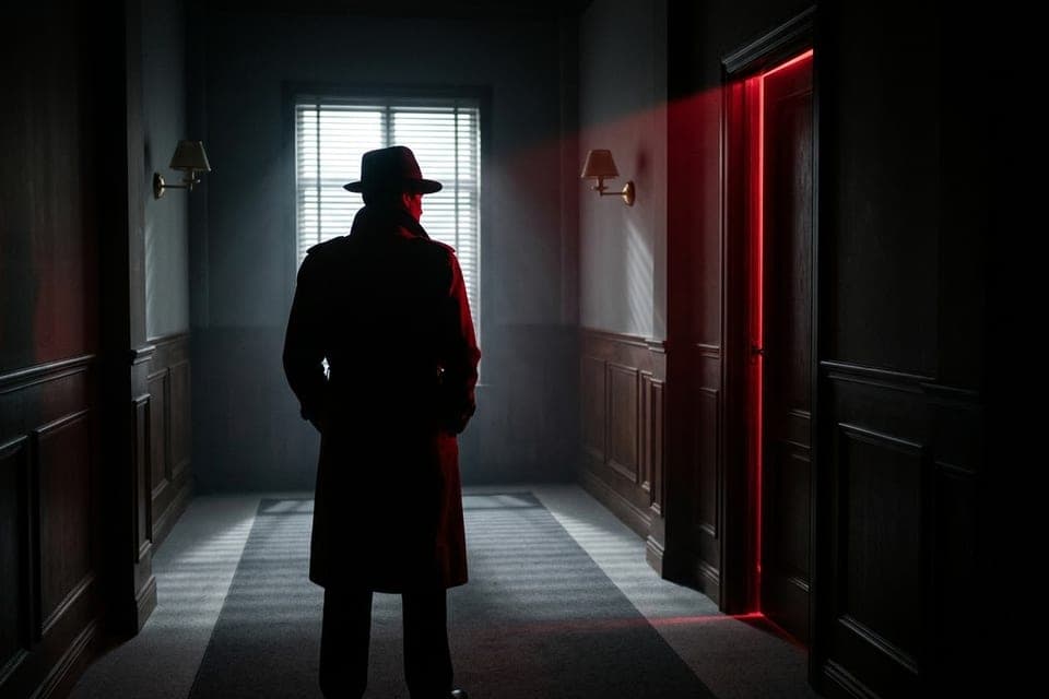Un detective con cappello e impermeabile, visto di spalle, in un corridoio d’albergo di notte: da una porta socchiusa esce una luce rossa.