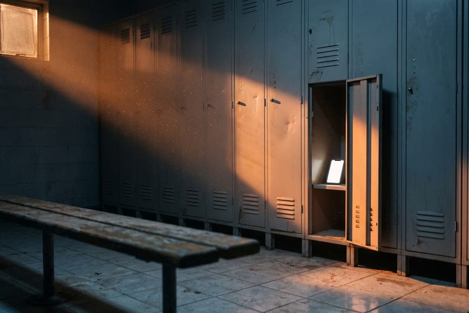 Uno spogliatoio vuoto di notte: una luce arancione entra dalla finestrella e cade su un armadietto aperto, dove un telefono è rimasto acceso.