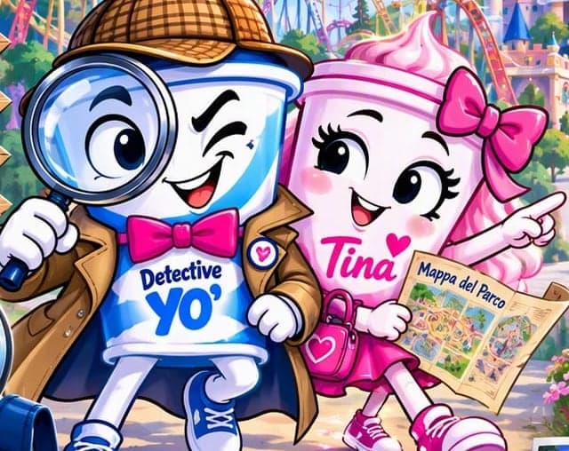 Detective Yo’, un vasetto di yogurt con cappello da detective e lente d’ingrandimento, cammina accanto a Tina, un vasetto di yogurt rosa con un grande fiocco.